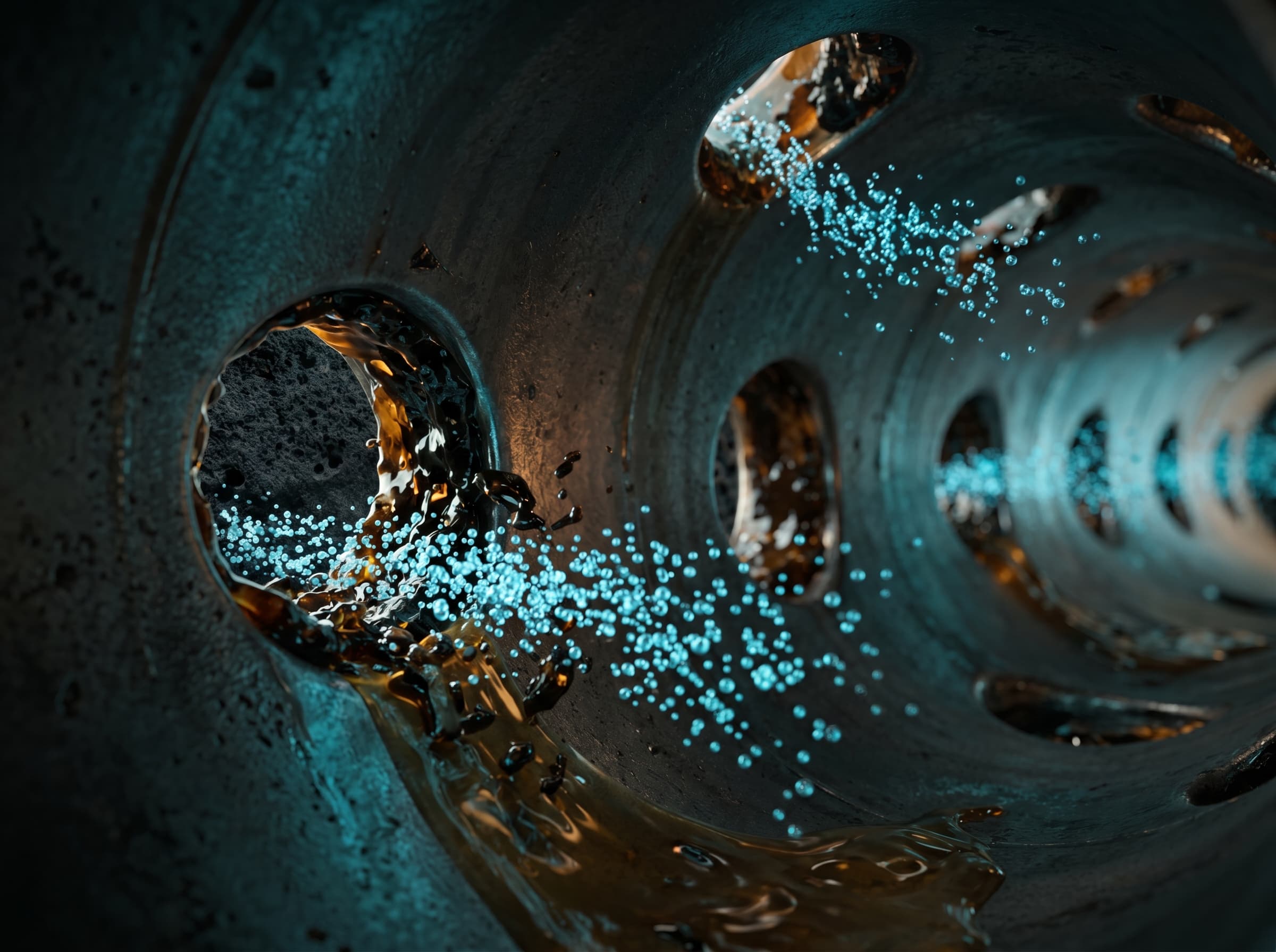 Macro cross-section: nanobubbles improving oil flow at a perforation in oil-well casing